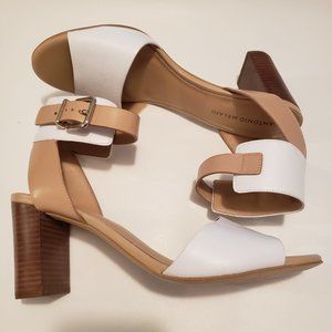 Antonio Melani White and Tan NAHLA Leather Sandals 3" Wood Heel Ankle strap 10 M